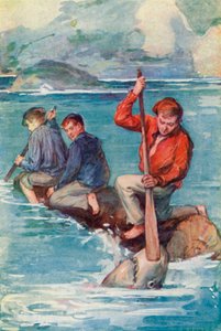 ジャックはすぐにパドルをモンスターの恐ろしいあごに突き刺し、喉に突き刺しました 作： William Henry Charles Groome