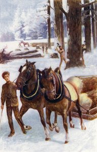 「ある者は木の伐採に従事し、ある者は馬に乗って、そりに載せた幹を硬い雪の上に引きずっていく」（カラーリトグラフ 作： William Henry Charles Groome
