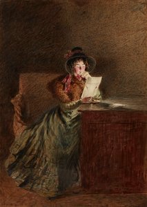 ランプライトで手紙を読む少女（水彩と鉛筆） 作： William Henry Hunt