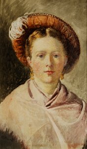 羽をつけられた帽子の女性 作： William Henry Hunt