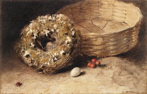 バスケット、巣、卵、赤スグリ、テントウムシのある静物 作： William Henry Hunt