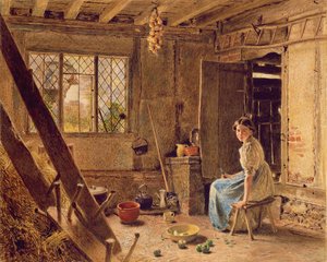 メイドとカササギ、ベッドフォードシャー州シリントンのコテージインテリア、1834年（紙に白で強調表示されたトイレ） 作： William Henry Hunt