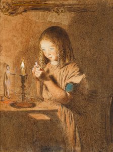 針を通す：若い女性の裁縫師、c.1845（紙にトイレ） 作： William Henry Hunt