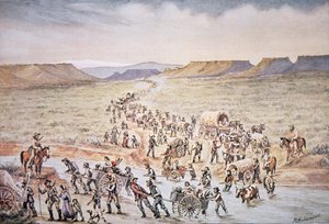 1850年、西のユタ州へ向かうモルモン教徒の手押し車の開拓者たち（カラーリトグラフ