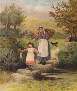 飛び石の上を小川を渡る女と少女（クロモリト） 作： William Henry James (after) Boot