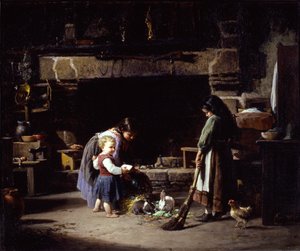 農場のインテリア。ウサギに餌をやるブルトン人の子供たち、1878年