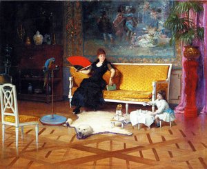 人形のティータイム、パネルに1885年の油