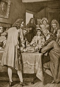 1694年、エディンバラのダリエン計画を説明するパターソン、「ハッチンソンのイギリス国民の物語」、1923年頃のイラスト 作： William Henry Margetson