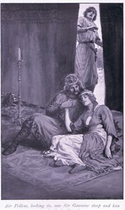 ペレアス卿は中を見て、ガウェイン卿が前屈みし、エタード夫人にキスをしました。 作： William Henry Margetson