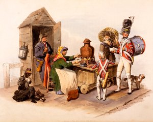 「イギリスのコスチューム」からの温かいホットドリンクを提供するサロップ売り手、1808 作： William Henry Pyne
