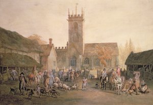 庭の庭にあるピッグマーケット、ベッドフォード、1806年（鉛筆、トイレ、ボディカラー） 作： William Henry Pyne