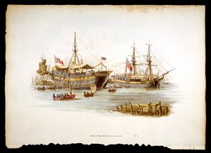 刑務所は1805年にロンドン塔から離れたテムズ川に船体または入札を出荷します。 作： William Henry Pyne