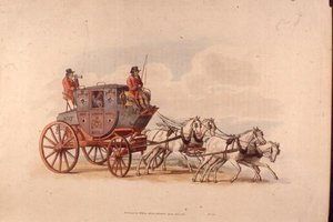 コスチューム・オブ・グレートブリテン」よりロンドンからウースターへのロイヤルメール・コーチ（プリント） 作： William Henry Pyne