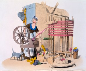 かせを作るための回転機械に羊毛を紡いでいる女性、1808年（手彩色のアクアチント）