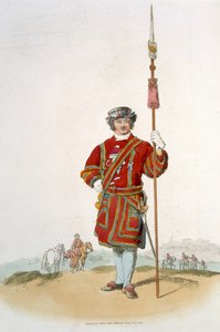 1805年にウィリアムミラーが発行した「イギリスの衣装」からの王の衛兵のヨーマン 作： William Henry Pyne