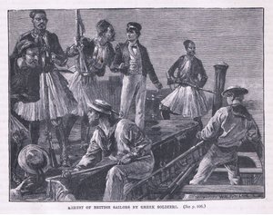 ギリシャの兵士達によるAD 1850のイギリスの船員の逮捕
