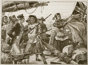 1856年10月8日、「矢印」でイギリスの旗を下に運ぶ中国の将校、「カッセルの図解されたイングランドの歴史」からのイラスト（セピア写真）