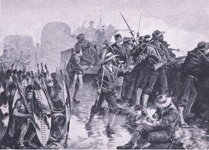 ズールー族の攻撃からの大敵を守る、陸と海のイギリスの戦い、1915年のイラスト 作： William Heysham Overend