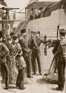クロンシュタットのフランス艦隊：皇帝の訪問、1891年、「カッセルの図解されたイングランドの歴史」からのイラスト（セピア写真）