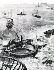 1879年の「イラストレイテッドロンドンニュース」のイラストによる、新しいエディストーン灯台の礎石を築くプリンスオブウェールズとエジンバラ公