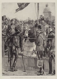 1856年5月21日、クリミアの傷ついた将校と兵士に装飾を配る女王