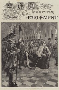 女王は廊下を通って貴族院に行き、新しい議会に会います 作： William Heysham Overend