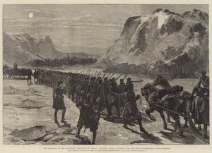 カナダ北西地域での反乱、植民地軍、スペリオル湖ネピゴン湾の氷の上を行進 作： William Heysham Overend