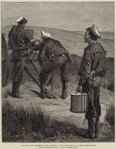 ガトリングガンの練習で、トゥゲラ川下流のピアソン砦の駐屯地、ズールー戦争 作： William Heysham Overend