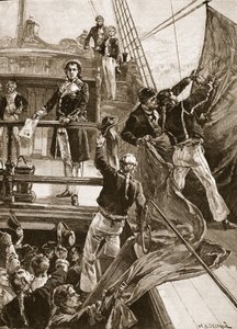 スピットヘッドでの反乱：「ロイヤルジョージ」の赤い旗を引き揚げる、1797年、「カッセルの図解されたイングランドの歴史」（セピア写真）のイラスト