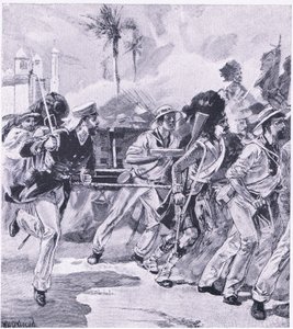 1857年11月、ラクナウにあるHMSシャノンの海軍旅団、1915年の陸と海でのイギリスの戦いのイラスト 作： William Heysham Overend
