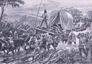 ズールー戦争：1879年4月、小川を渡るエストー救済部隊、陸と海でのイギリスの戦いのイラスト、1915