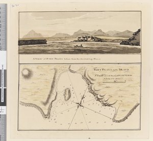 ページ3a カーボベルデ諸島のセント・ジャゴ島のポート・プラヤの図。タイトルは "Port Praya in the Island St Jago one of the Cape de Verds sic A scale of 2 to 1/2 a mile" / A View of Port Praya taken from the anchoring place.". 作： William Hodges