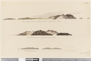 8ページ (a) 北西から北西に延びるポルト・サントの景色（5マイル） (b) 北に延びるポルト・サントの景色（2リーグ） (c) 「砂漠の民」の景色 作： William Hodges