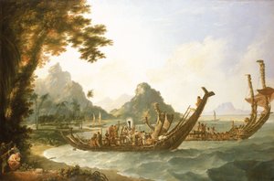 オタヘイテ島（タヒチ）とソサエティ諸島の軍船と、ソサエティ諸島のひとつウリエタ島のオハネネノ港の一部。 作： William Hodges