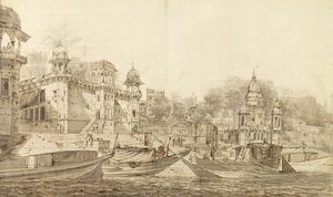 ベナレス市の一部の眺め、1781年頃（ウォッシュマウントの上に置いた紙に鉛筆の上にブラシとインクで灰色のウォッシュ） 作： William Hodges