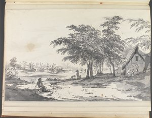 手前に座っている男性がいるインドの村の風景 作： William Hodges