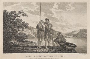 ベイ・オブ・アイランズ（ダスキー湾）（ニュージーランド）の眺め、マオリの家族がいる。ウィリアム・ホッジス（1744-1797）のデッサンによるエングレーヴィング（33.9x47.1cm）、1785年頃。 作： William Hodges