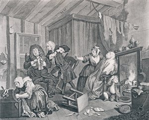 ハーロットの進歩、プレート5：医師が争っている間に期限切れ、1732年（エッチングと彫刻） 作： William Hogarth