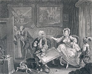 ハーロットの進歩、プレート2：彼女のユダヤ人の保護者との喧嘩、1732年（エッチングと彫刻） 作： William Hogarth