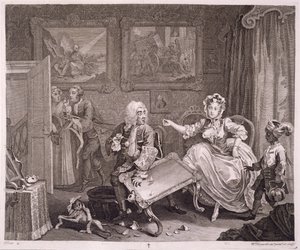 1820-22年にロンドンで出版された「ウィリアムホガースのオリジナル作品と本物の作品」のハーロットの進歩、プレートII 作： William Hogarth