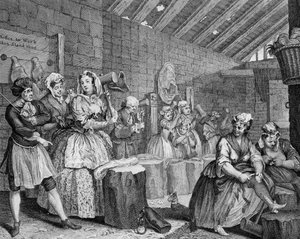 ハーロットの進歩、プレートIV、ブライドウェルのシーン 作： William Hogarth