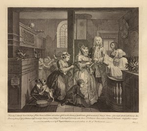 レイクスの歩み、プレートV、1735年6月（敷紙にエングレーヴィングとエッチング、状態i） 作： William Hogarth