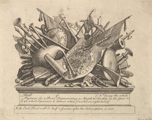 武器、楽器などのスタンド、1749年3月50日。 作： William Hogarth