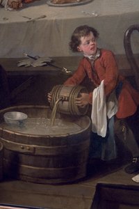 気を取られた頭蓋骨がブランデーの樽を汚いスロップの半樽に注ぎます。詳細は選挙、シーンI、選挙エンターテインメント、1744-45です。 作： William Hogarth