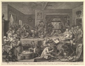 選挙エンターテイメント、プレートI：選挙の4つの版画、1755年2月。 作： William Hogarth