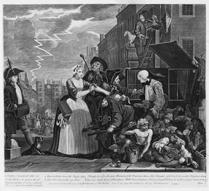 借金で逮捕、「Aレーキの進行状況」からのプレートV、1735 作： William Hogarth