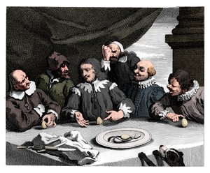 コロンブスが卵を割る、1753年、1833年。 作： William Hogarth