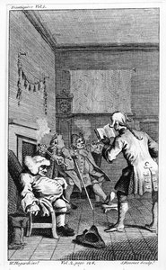 サイモン・フランソワ・ラヴネ、1759年に刻まれたローレンス・スターンの「トリストラム・シャンディの生涯と意見」への説教、口説きを読んだトリム 作： William Hogarth