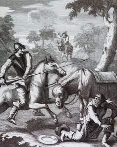 ドン・キホーテが理髪師のヘルメットを奪う」。 作： William Hogarth