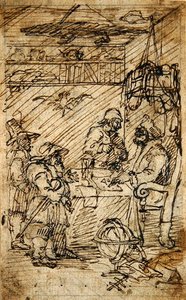 シドロフェルを訪ねるフディブラ（紙に鉛筆の上にペンと茶色のインク） 作： William Hogarth